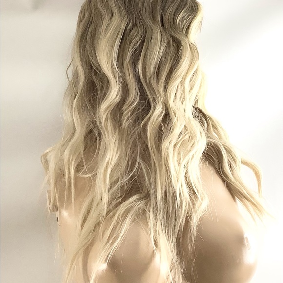 26” Long Wavy Curly Ombre Light Blonde Hair Full Wig Lace Front Women Synthetic - Picture 3 of 6
